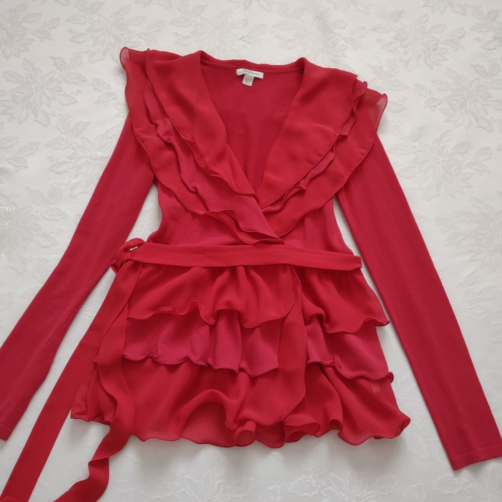 Boston Proper ruffled tiered wrap cardigan waist tie